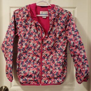 Columbia Girl's Pink Blue Grey Camo Print White Polka Dot Hooded Fleece Jacket L